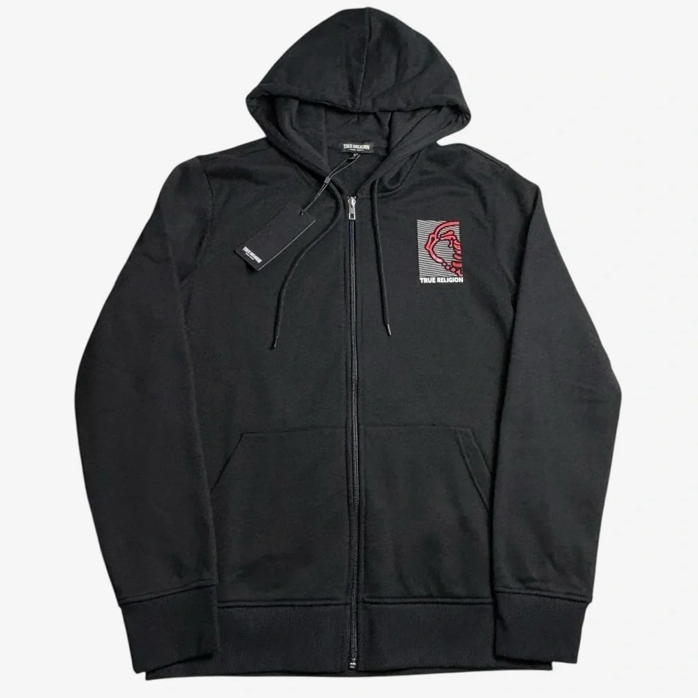 NWT True Religion Full Zip Buddha Hoodie Size M Logo Jet Black MSRP $119